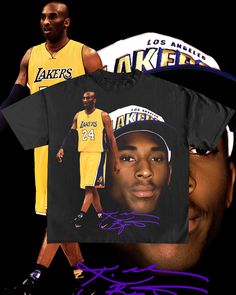 a man wearing a lakers shirt and cap with the image of him on it,