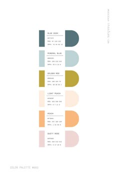 Navy, Gold & Peach, Bright, Summer-y Color Palette : Navy Blue(Blue Dusk), Light Blue (Mineral Blue), Mustard Yellow (Goldenrod), Light Peach, Peach, Dusty Rose with hex number for web, RGB and CMYK color codes. Color palette No. 003 by Macaw Creative Company Color Palette For Home, Graphisches Design, Palette Design, Brand Color Palette, Palette Color, Creative Company, Color Palate