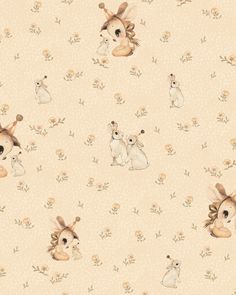 an animal themed wallpaper with rabbits and flowers on the background, including two bunnies