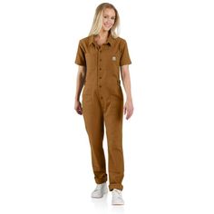 Women's Short-Sleeve Coverall - Relaxed Fit - Rugged Flex® - Canvas | Women's Cotton Duck & Canvas Outerwear Utility Short Sleeve Overalls For Workwear, Utility Style Short Sleeve Overalls For Workwear, Fall Utility Shortalls For Workwear, Relaxed Fit Shortalls With Pockets For Workwear, Fitted Shortalls With Pockets For Workwear, Utility Shortalls With Pockets For Workwear, Utility Workwear Shortalls With Pockets, Utility Style Workwear Shortalls With Pockets, Relaxed Fit Utility Shortalls For Workwear