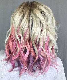 Blonde With Vibrant Colors, Rainbow Highlights In Blonde Hair, Blonde With Rainbow Highlights, Blonde Hair Rainbow Highlights, Blonde Pink Purple Ombre Hair, Beauty Hair Makeup, Easy Hairstyles For Long Hair, New Hair Colors, Colorful Hair