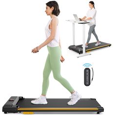 a woman is walking on a treadmill while using a laptop computer and an exercise machine