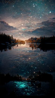 the sky is filled with stars as it shines brightly in the distance over water