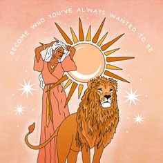 a drawing of a lion and a woman with the sun in her hair, standing next to each other