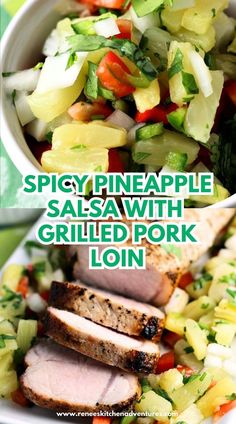 Photo collage of pineapple salsa and grilled pork loin sliced. Seasoned Pork Loin, Pork Loin Filet, Easy Summer Grilling Recipes, Easy Main Course Recipes, Grilled Pork Loin, Easy Summer Dinner, Spicy Pineapple, Easy Summer Dinners, Hearty Casseroles