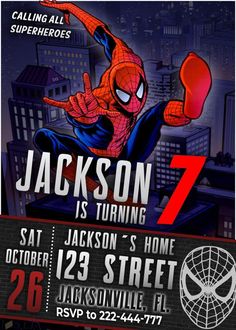 a spiderman birthday party flyer with an image of the character from the animated movie