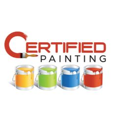 the certified painting logo is shown with four paint cans in different colors and one has a brush