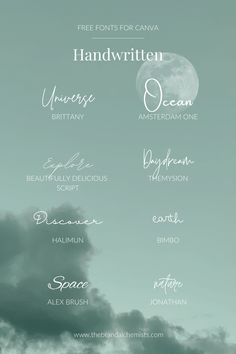 Free Canva Handwritten font styles, green image in background. Fonts For Titles, Fonts For Posters, Fonts With Tails, Canva Fonts Aesthetic, Fonts For Logo, Fonts In Canva, Brand Kits, Fonts Canva, Christmas Fonts Free