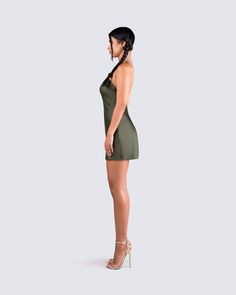 This olive green mini is serving major luxe vibes 💚 Elevate your style with this satin stunner complete with gold chain straps - the perfect look for showing up and showing out 😍 Short Olive Green Satin Dress, Olive Green Dress Mini, Olive Green Mini Dress, Luxury Fitted Green Mini Dress, Fitted Olive Mini Dress, Green Satin Tie-back Mini Dress, White Corset Dress, Rhinestone Top, Yellow Mini Dress