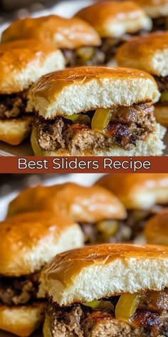 two pictures of meat sliders with peppers and cheese on the top one is cut in half