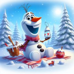 a cartoon snowman sitting on top of a blanket