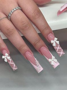 24 piezas de uñas postizas cuadradas y largas en color rosa empolvado con detalles de lazo, incluye 1 pieza de pegamento de gel transparente y 1 pieza de lima de uñas, acabado brillante, adecuado para uso diario y en vacaciones Rosa     Color combinado Uñas Lisas   Nail,Hand & Foot Care, size features are:Bust: ,Length: ,Sleeve Length: Paznokcie Hello Kitty, Fake Nails White, Manicure Diy