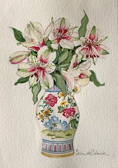 a painting of flowers in a vase on a white background with watercolor pencils