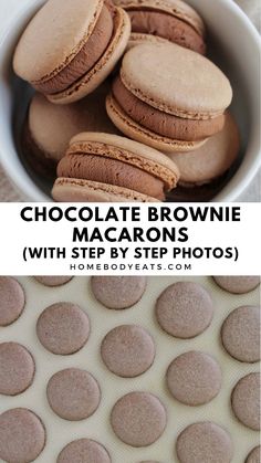 chocolate brownie macarons in a white bowl with text overlay that reads chocolate brownie macaroons with seafoos