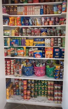 an organized pantry with canned food and snacks