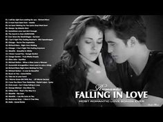 a young man and woman are looking at each other with the words falling in love