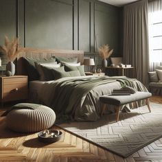 a bedroom with green walls and wooden flooring is pictured in this image, there are two stools on either side of the bed