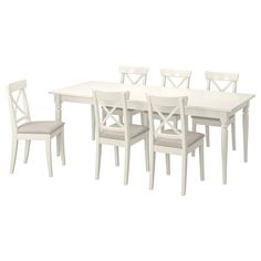 a white dining table and six chairs with one chair up against the other, in front of a white background