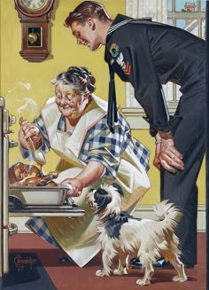 an old lady and her dog are cooking thanksgiving turkeys on the table with a clock in the background