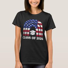 a woman wearing an american flag t - shirt with the class of 203 on it