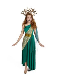 Spooktacular Creations Medusa costume. Giles size L, 10-12. Includes: dress, headband, wristband, belt, sash and ribbon. Medusa Costume, Theatre Costumes, Costume Diy, Girl Costumes, Halloween Costume Ideas, Costume Ideas, Halloween Costume, Shoe Accessories, Ribbon