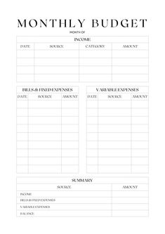 a printable budget sheet with the words,'month and budget'on it