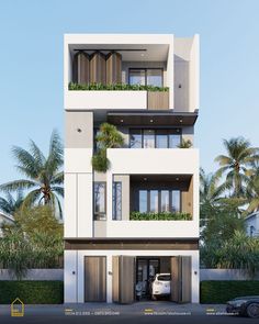 a car parked in front of a two story building with balconies and plants