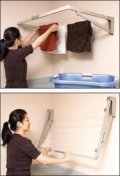 two pictures of a woman hanging clothes on the wall