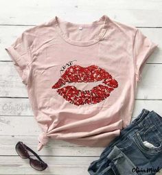 Olivia Mark - Valentines Day Lip Pattern Printed Casual Shirt Valentines Day Lips, Bodycon Sweater, Bodycon Sweater Dress, Lips Print, Yoga Tank Tops, White Long Sleeve Shirt, Square Neck Dress, Romantic Valentine, Long Sleeve Bodycon