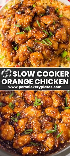 slow cooker orange chicken with rice and garnish