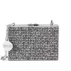 Elegant Crystal-Embellished Box Clutch With A Removable Chain Strap And Logo Charm. Removable Chain Shoulder Strap Magnetic Thumb Pull Closure Interior Open Compartment Silvertone Hardware Crystal/Brass Imported Size 4"W X 2.75"H X 0.75"D Luxury Evening Bag With Chain Strap For Cocktail, Luxury Cocktail Evening Bag With Chain Strap, Silver Embellished Crystal Clutch, Luxury Party Clutch With Silver-tone Hardware, Luxury Evening Clutch With Silver-tone Hardware, Judith Leiber Clutch, Judith Leiber Handbags, Judith Leiber Bags, Judith Leiber Couture