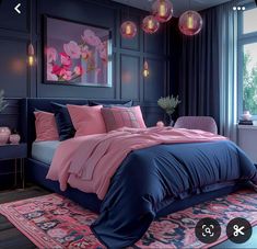 a bedroom with blue walls and pink bedding