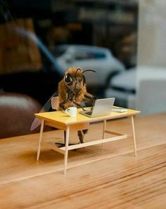 a small toy bee sitting on top of a table with a laptop computer in it's lap