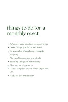 A list of things to do at the beginning of every month to reorganize and reset. October Reset List, Days To Schedule Every Month, 3 Months Self Improvement, Reset To Do List, Last 3 Months Of The Year, Monthly Reset Routine Checklist, 2025 Reset, November Reset