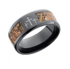 a wedding band with camo inlays and crosses on the inside of it