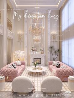 a living room filled with pink couches and a chandelier hanging from the ceiling