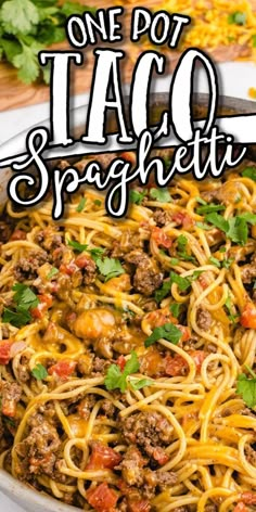 one pot taco spaghetti in a pan with the title above it