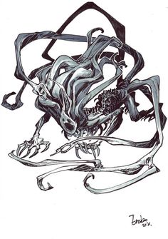 a black and white drawing of an alien