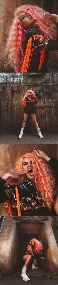 three different images of a woman with pink hair