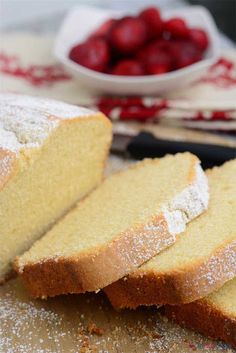 slices of pound cake sitting on top of a cutting board