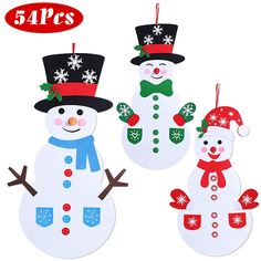 three snowmen with hats and scarfs on their heads, one wearing a top hat