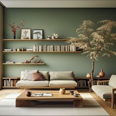 a living room with bookshelves, couches and a coffee table in it