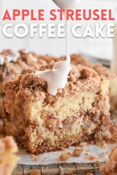 a piece of coffee cake is being drizzled with icing on top