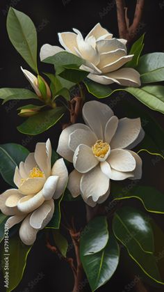 two white flowers with green leaves on a black background