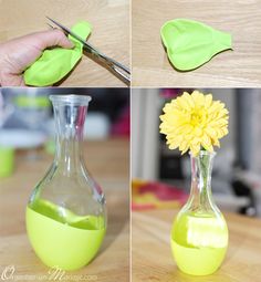 the process of making a flower in a vase with yellow paint and green paper flowers