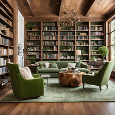 a living room filled with lots of green furniture and bookshelves full of books