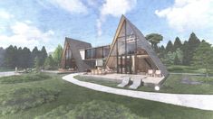 this is an artist's rendering of a modern house in the woods or lake