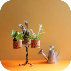 three pots with plants growing out of them sitting on a table next to a watering can