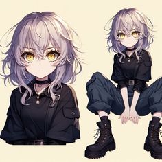 an anime character with blonde hair and yellow eyes sitting on the ground wearing black clothes