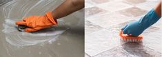 two images side by side one shows a person cleaning the floor and the other shows someone using a brush to clean it